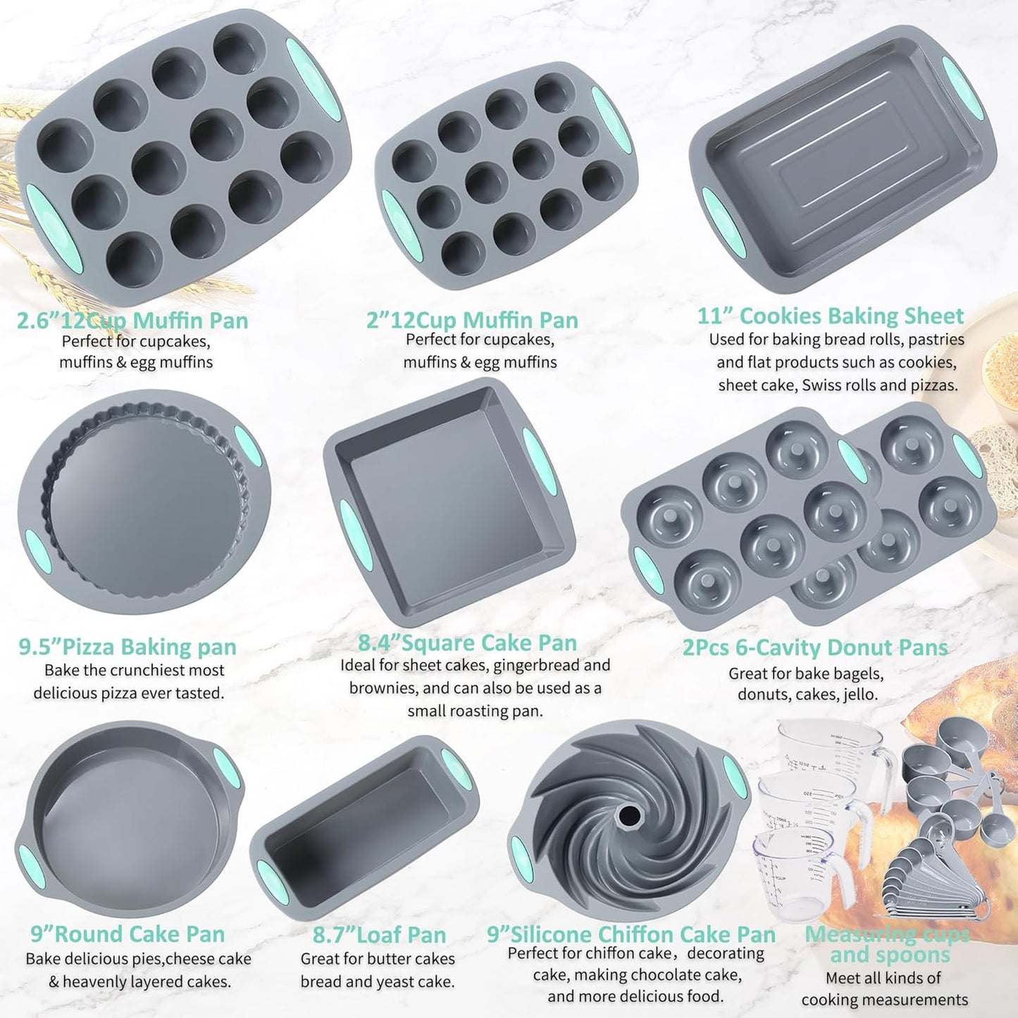 To encounter 30 in 1 Silicone Baking Set - 10 Silicone Baking Cake Pan, Baking Sheet, Donut Molds, Muffin Pan with Measuring Cups and Spoons Set