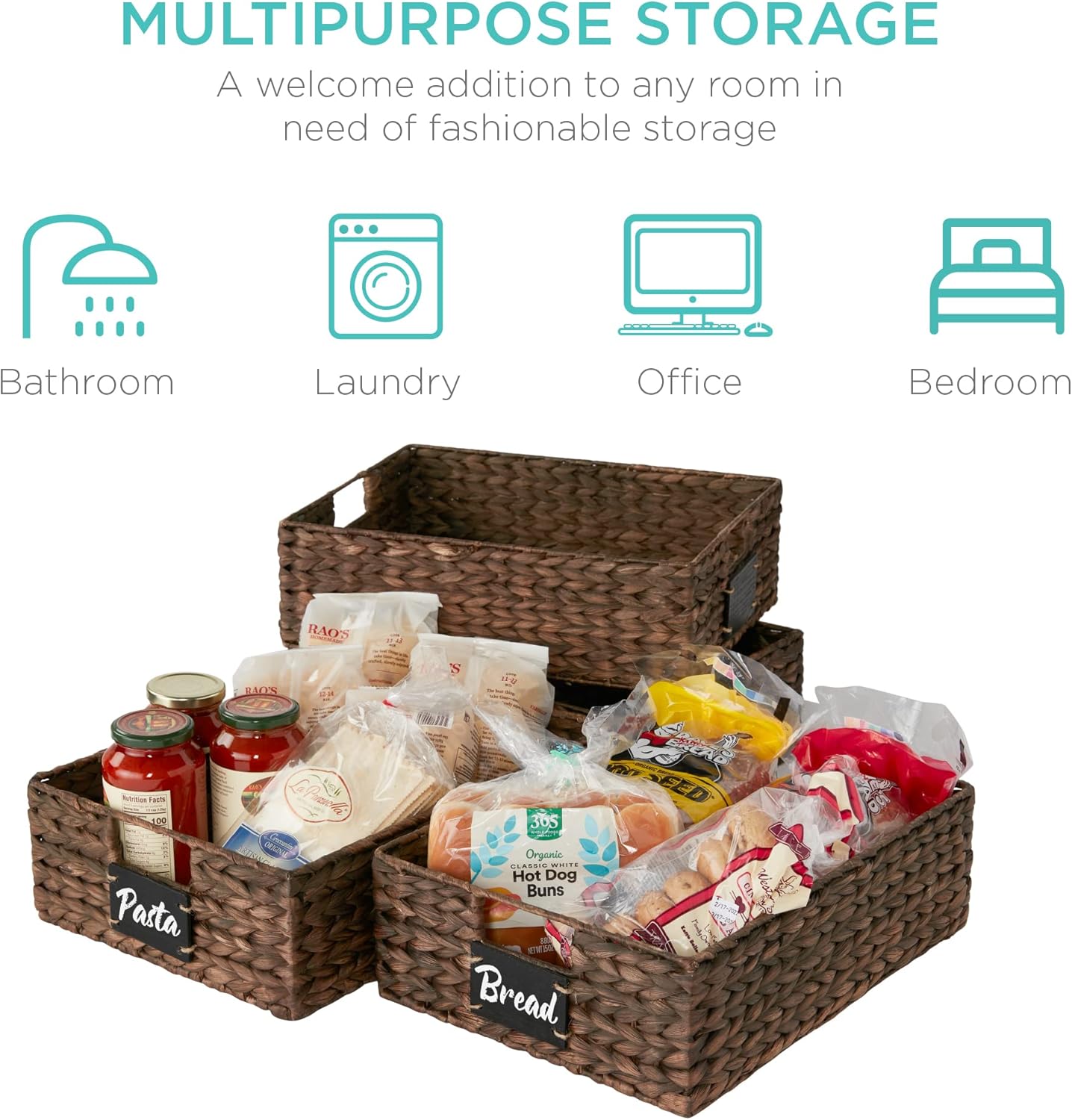 Best Choice Products Set of 4 16x12in Large Water Hyacinth Pantry Baskets, Woven Organizers w/Chalkboard Label, Chalk Marker - Brown