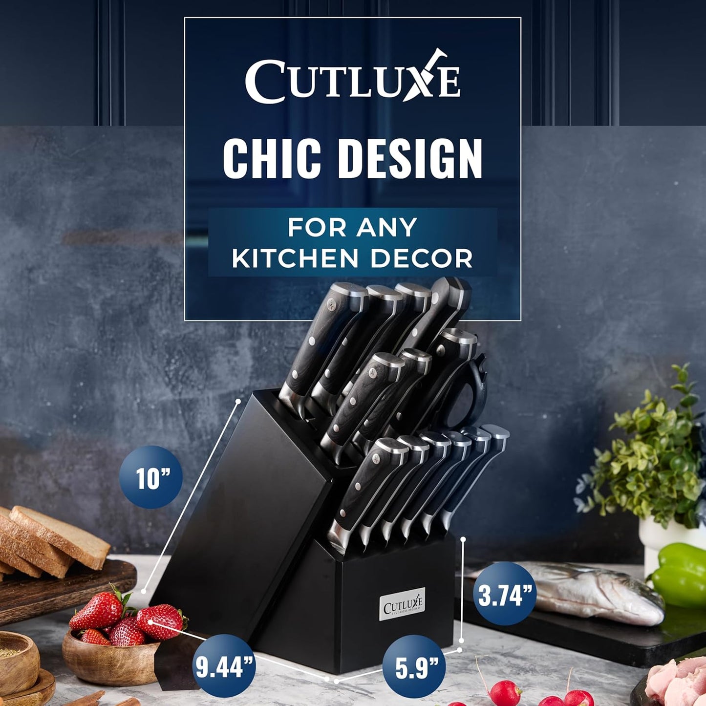 Cutluxe 15-Piece Knife Set – Premium Black Wood Block – Knife Set for Kitchen, Ultra Sharp High Carbon German Stainless Steel, Full Tang – Artisan Series