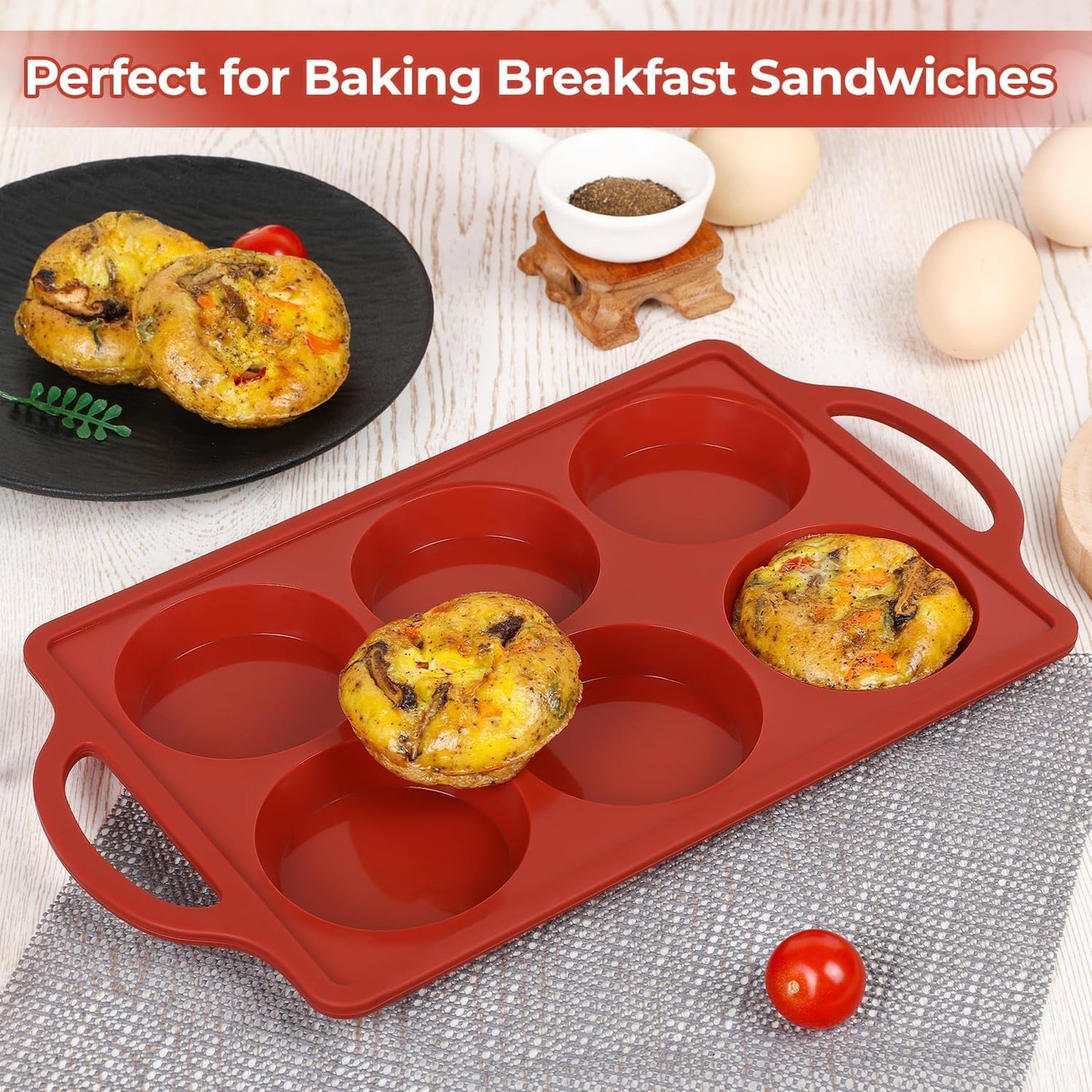 CAKETIME Muffin Top Pan, 3 Inch Metal Reinforced Frame Silicone Egg Molds for Breakfast Sandwiches Non Stick Round Silicone Egg Pan for Baking English Muffins, Whoopie Pies, Corn Bread, Tarts Brown