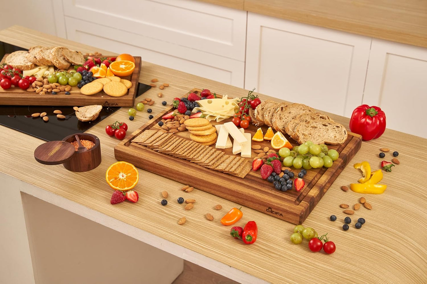 COZIFA- Large Cutting Board Wood Acacia - Thick Wooden Cutting Boards for Kitchen - Wooden Chopping Boards for Kitchen with Juice Groove, Inner Handle, Natural Oil Wax Finish - 17x12 x1.2inches