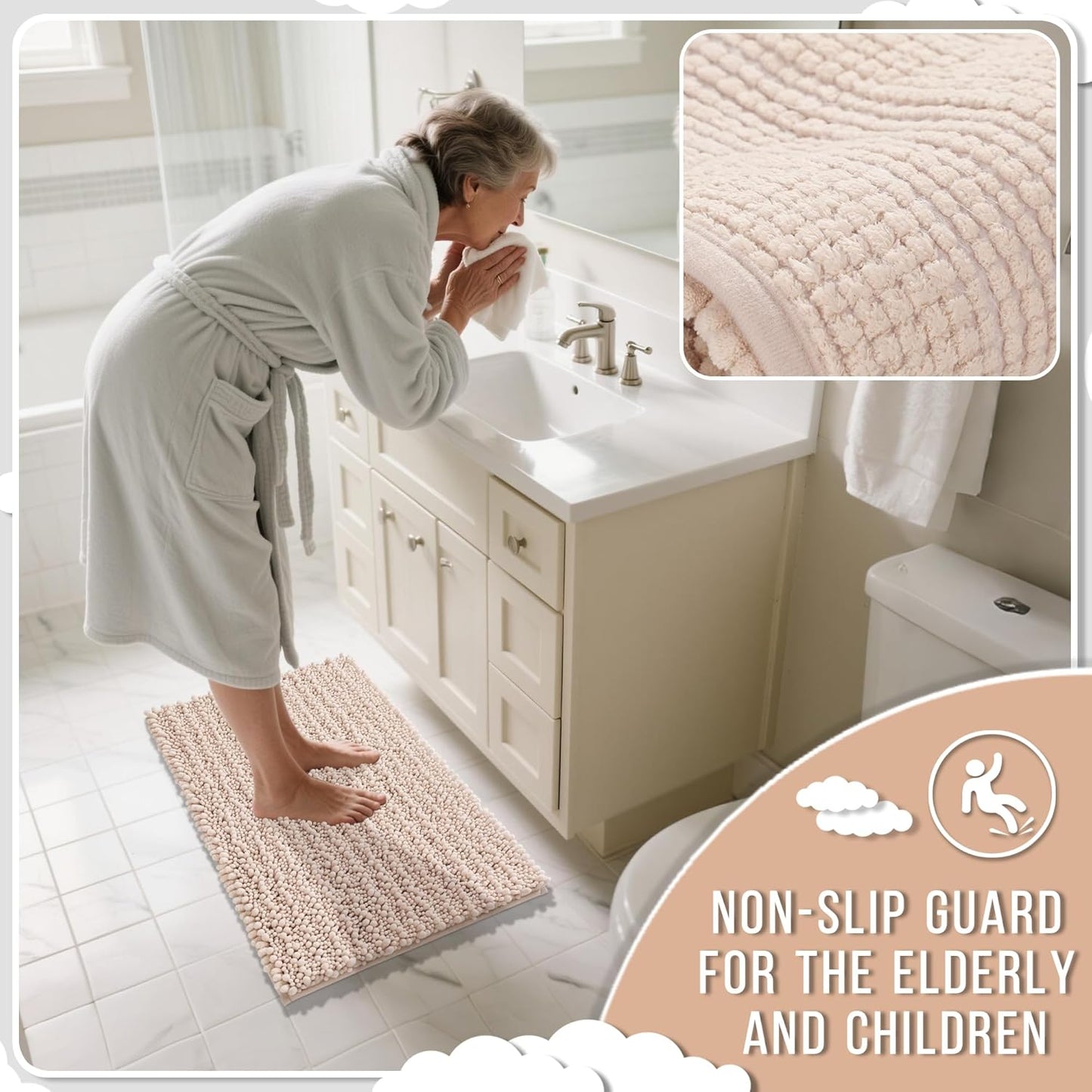 Yimobra Bathroom Rugs Non Slip Washable 24x17 Inch - Ultra Soft Absorbent Chenille Bath Mat, Quick Dry Shaggy Floor Carpet for Tub Shower, Pinkish Beige Home Decor Accessories