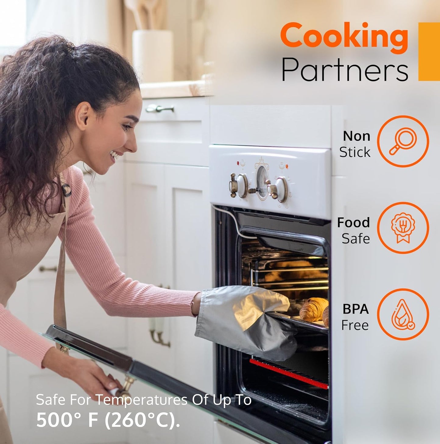 Oven Liners for Bottom of Oven Black (2-pack) Bundled with Rack Shield (2-pack) - Large Mat for Bottom of Range (17"x 25") and 14" Orange Stove Guards for Racks - Reusable & Heat Resistant