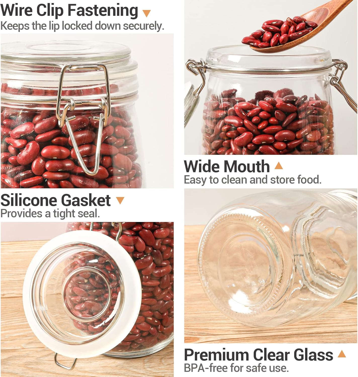 ComSaf Airtight Glass Canister Set of 3 with Lids 34oz Food Storage Jar Round - Storage Container with Clear Preserving Seal Wire Clip Fastening for Kitchen Canning Cereal,Pasta,Sugar,Beans,Spice