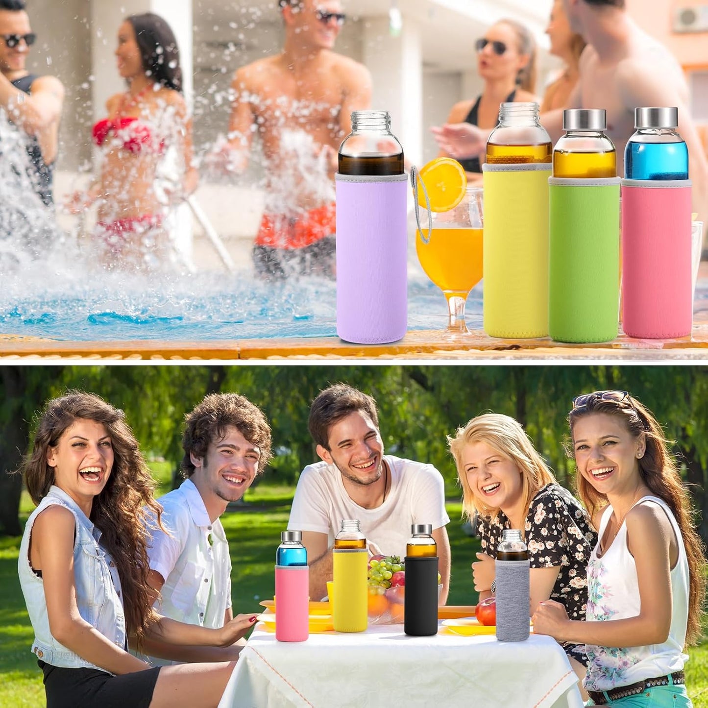 Honeydak 12 Pcs 18 oz Glass Water Bottles Glass Juice Bottles with Protection Sleeves, Stainless Steel and Bamboo Lids Reusable Glasses Funnel, Ice Mold, Brush for Milk Smoothie Beverage Tea