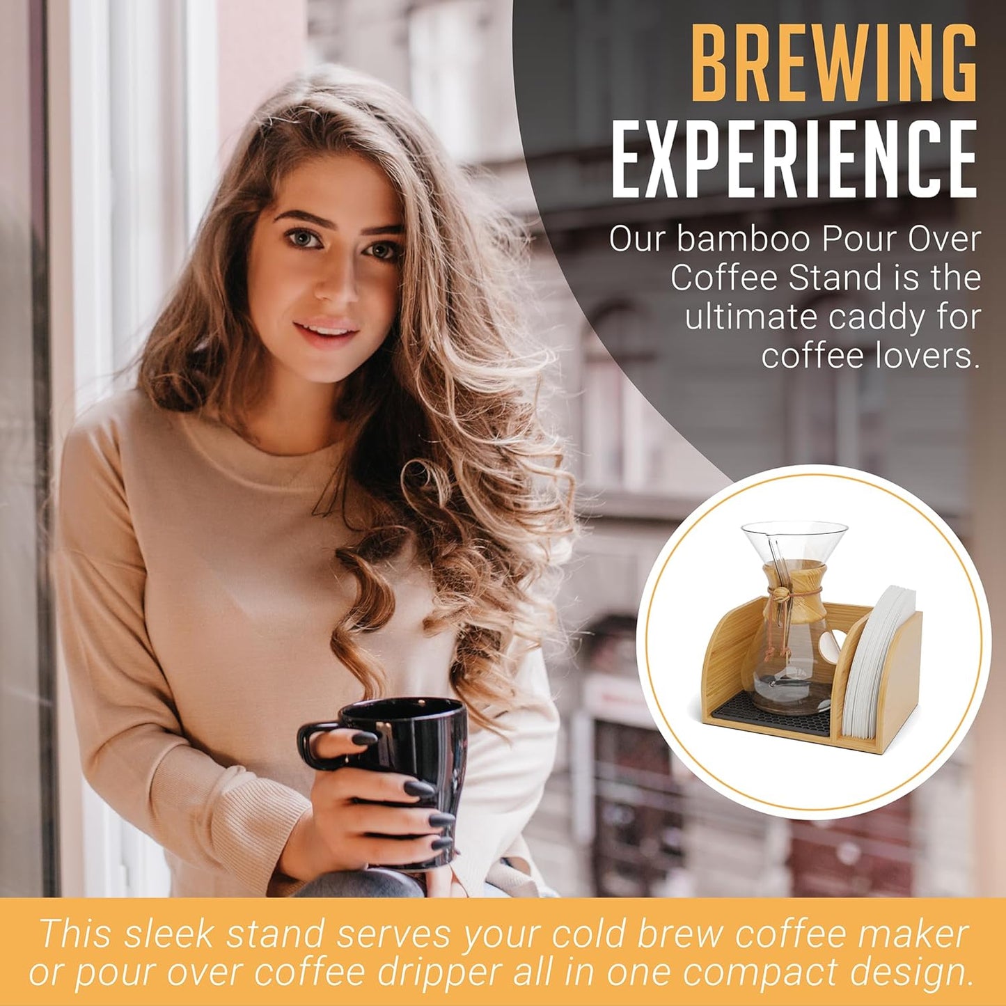 HEXNUB – Caddy for Pour Over Coffee Makers, Bamboo Stand fits Chemex, Bodum, Cosori Carafes, Heatproof Mat, Filter Holder for Coffee Brewing - Black Mat