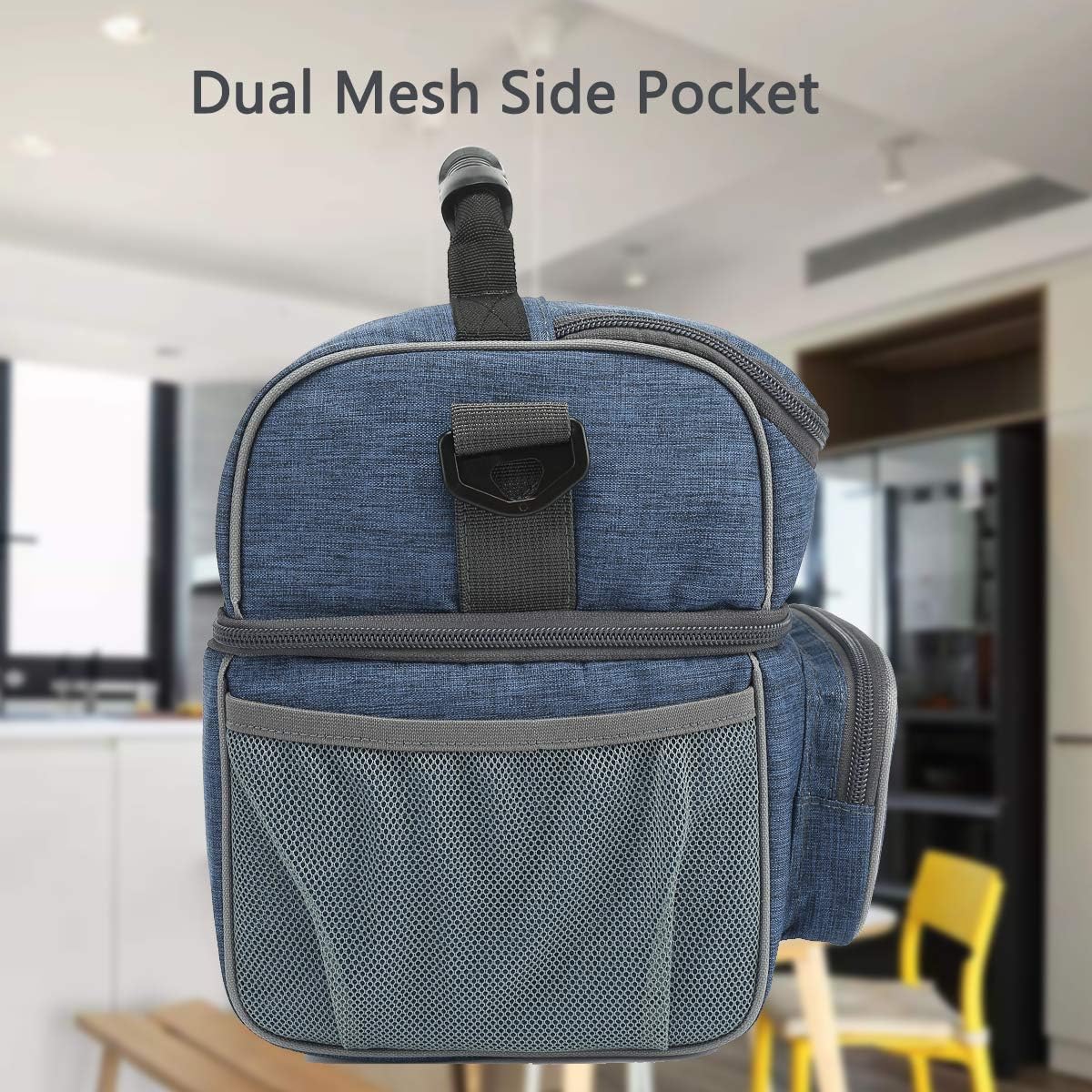 FlowFly Double Layer Cooler Insulated Lunch Bag Adult Lunch Box Large Tote Bag for Men, Women, With Adjustable Strap,Front Pocket and Dual Large Mesh Side Pockets