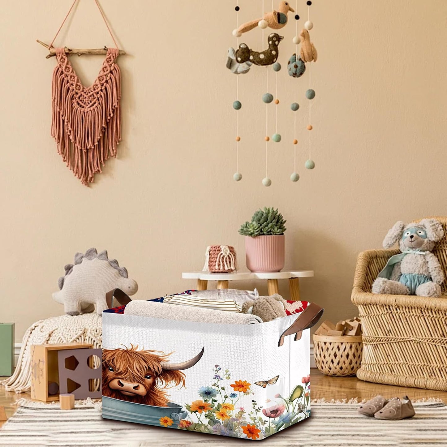 Farm Animal Storage Basket Large 17x11.5x10.5 Inche-Collapsible Fabric Organizer Bin with Handles for Nursery, Kids Room, Barnyard Theme-Decorative Hamper with Playful Cow Print Design-Single Pack