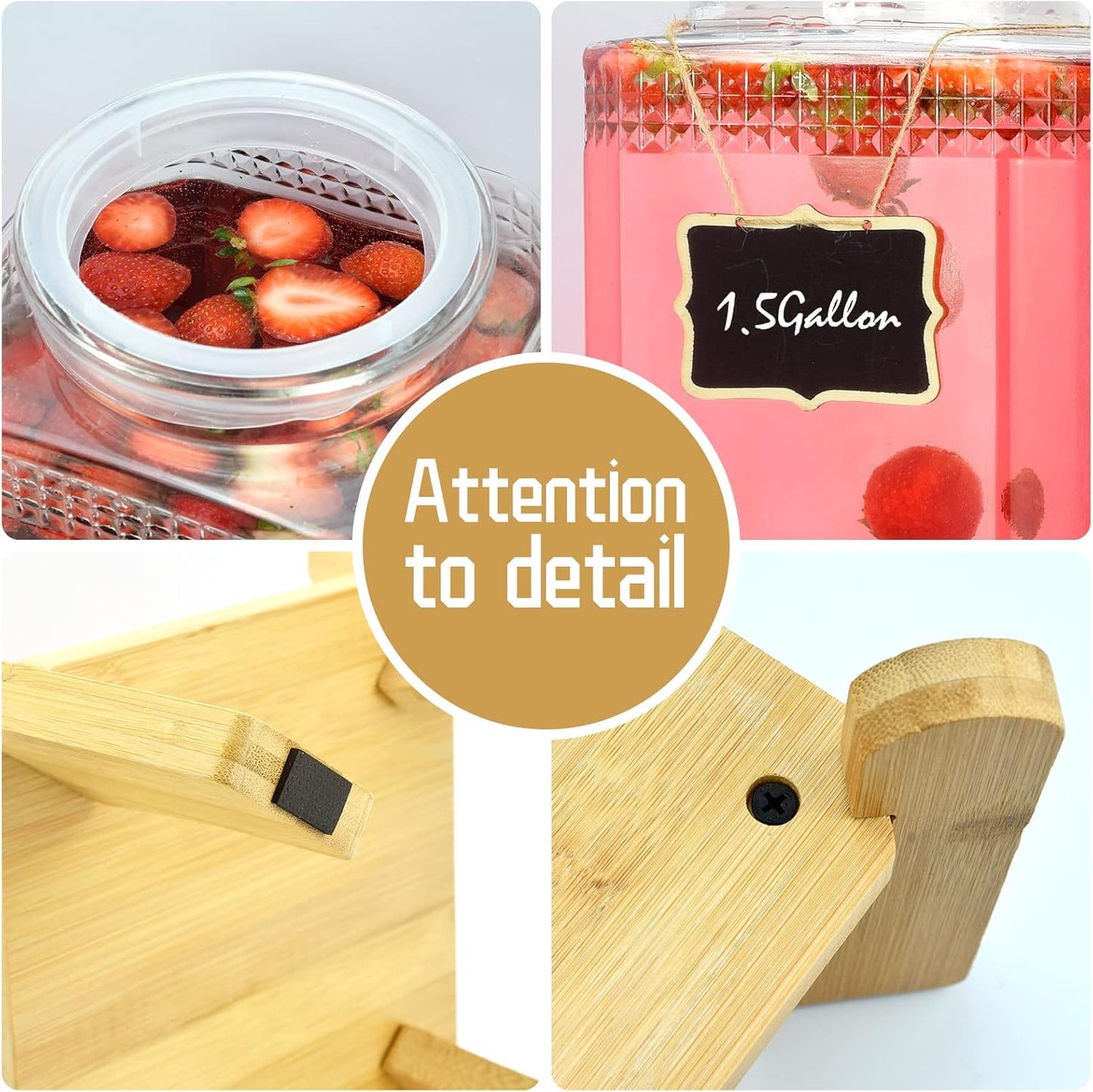 1.5 Gallon Glass Beverage Dispenser With Stand(Natual Bamboo). Water Drink Dispensers for Parties With Stainless Steel Spigot 100% Leakproof.Perfect For Parties And Daily Use.