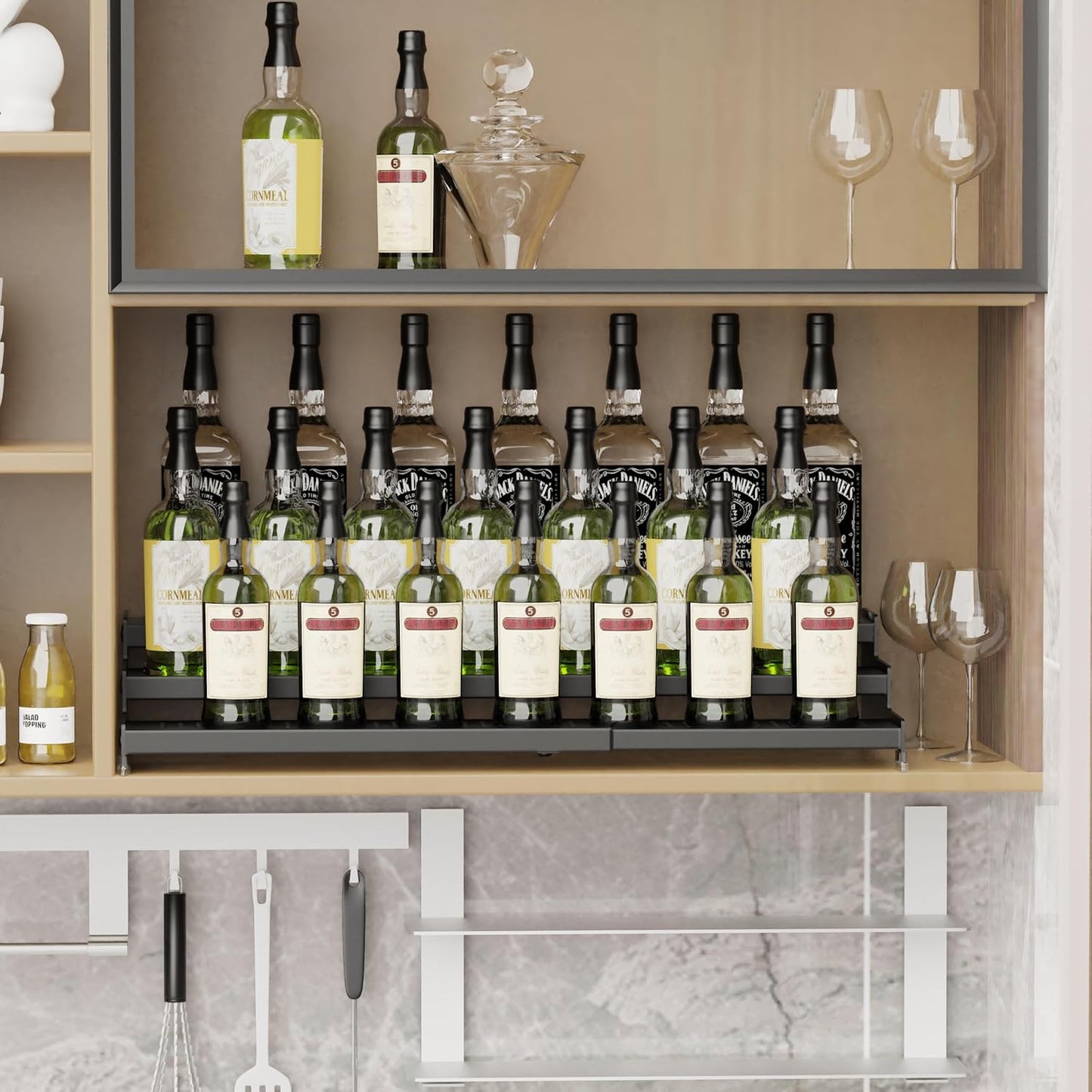 Expandable Spice Rack organizer with 3-Tier step shelf,Modern Design heavy duty,Non Skid and Visibility ,Great for Kitchen Cabinet,Bathroom,dressing table,Cupboard, Pantry and more(3PACKS/BLACK)