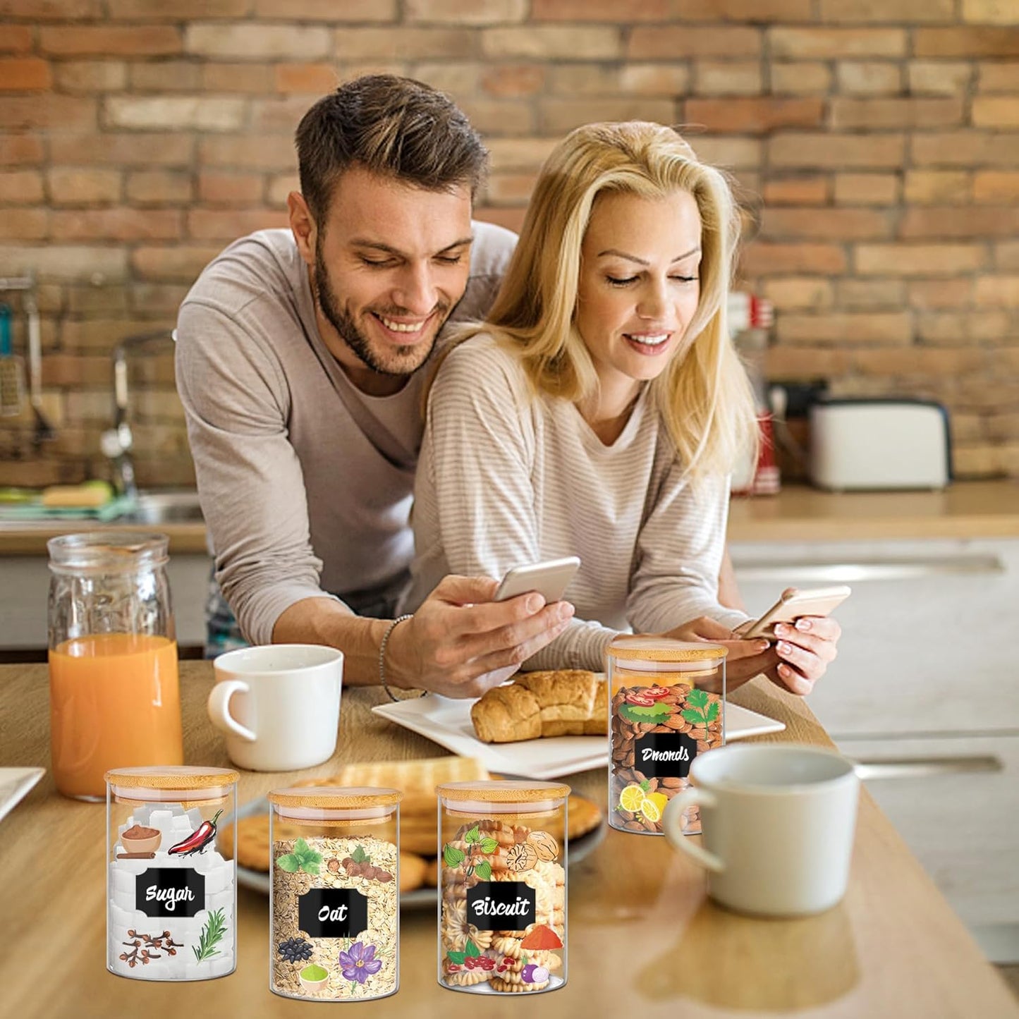 Glass Jars with Bamboo Lids 20 oz, 12 Pcs Stackable Kitchen Glass Pantry Storage Containers with Airtight Bamboo Lids for Rice, Candy, Sugar, Flour, Nuts, Cookie, Bean