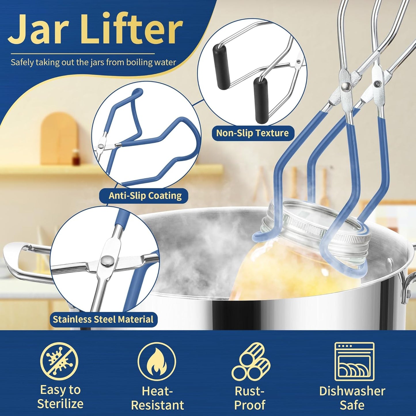 Canning Supplies Starter Kit,Canning Kit for Beginners of 11 with Rack, Jar Lifter,Funnel,Wrench,Tongs,Lid Lifter,Bubble Popper,Labels,ladle,Measuring spoon-Blue