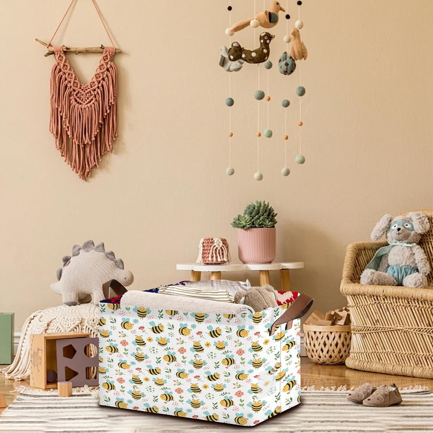 Honeybee Floral Storage Basket Large 17x11.5x10.5 Inche-Collapsible Fabric Organizer Bin with Handles for Garden Decor, Nursery, Spring Theme-Decorative Hamper with Botanical Insect-Single Pack
