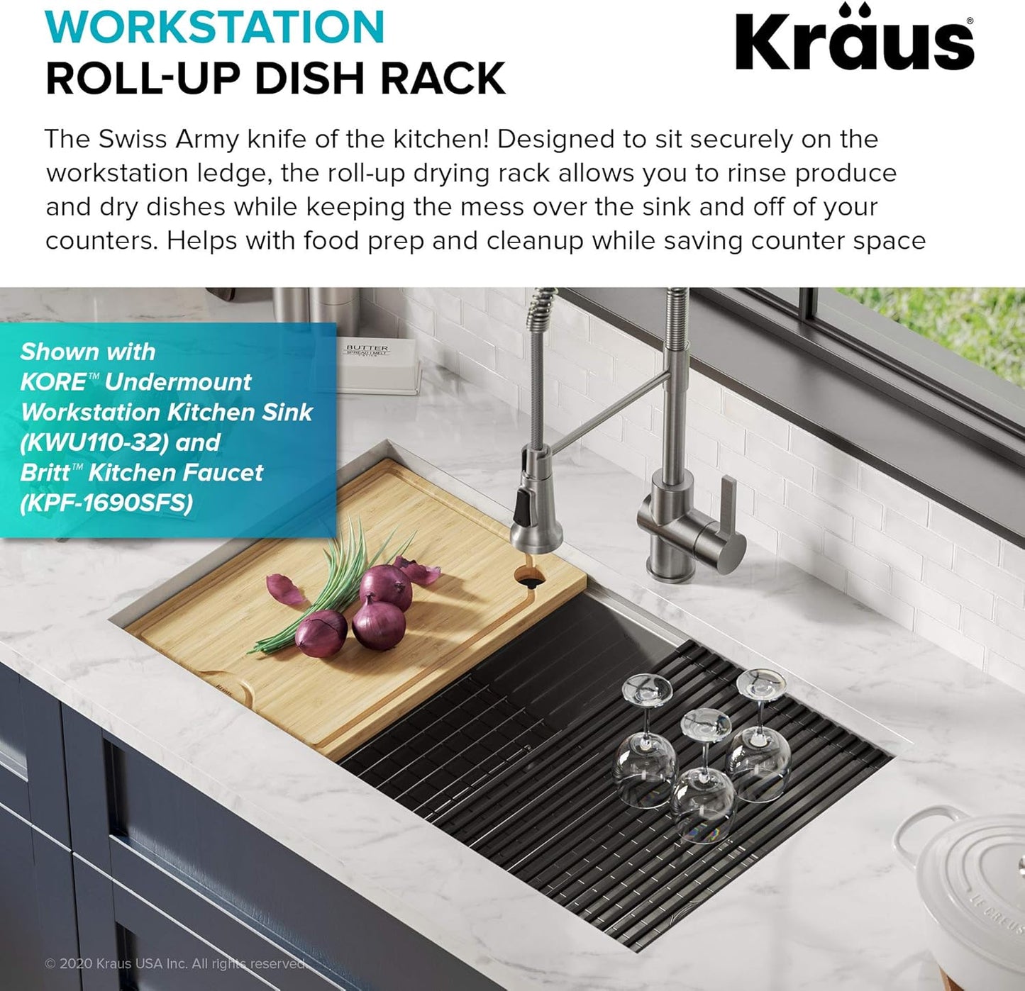 Kraus Multipurpose Workstation Sink Roll-Up Dish Drying Rack, Colander and Trivet in Dark Grey, KRM-11DG