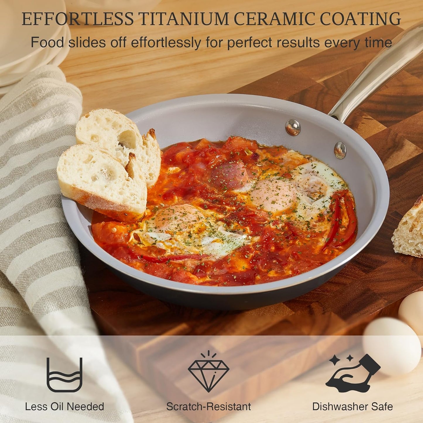 KITEXPERT Non Stick Frying Pans Set, Titanium Ceramic Pan Skillet Set Non Toxic, 8" 9.5" 11" Nonstick Frying Pan, Stainless Steel Handle, Dishwasher & Oven Safe, PFAS & PTFE & PFOA Free, Grey