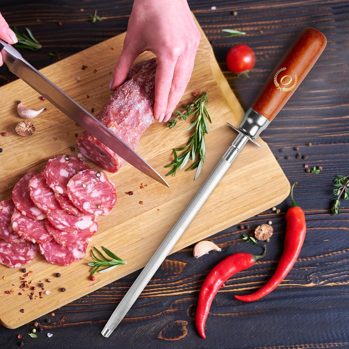 Knife Sharpener Rod, Kitchen Knives Sharpener Carbon Steel Professional Knife Sharpening Steel, Honing Rod with Hanging Holes (13 inches), O