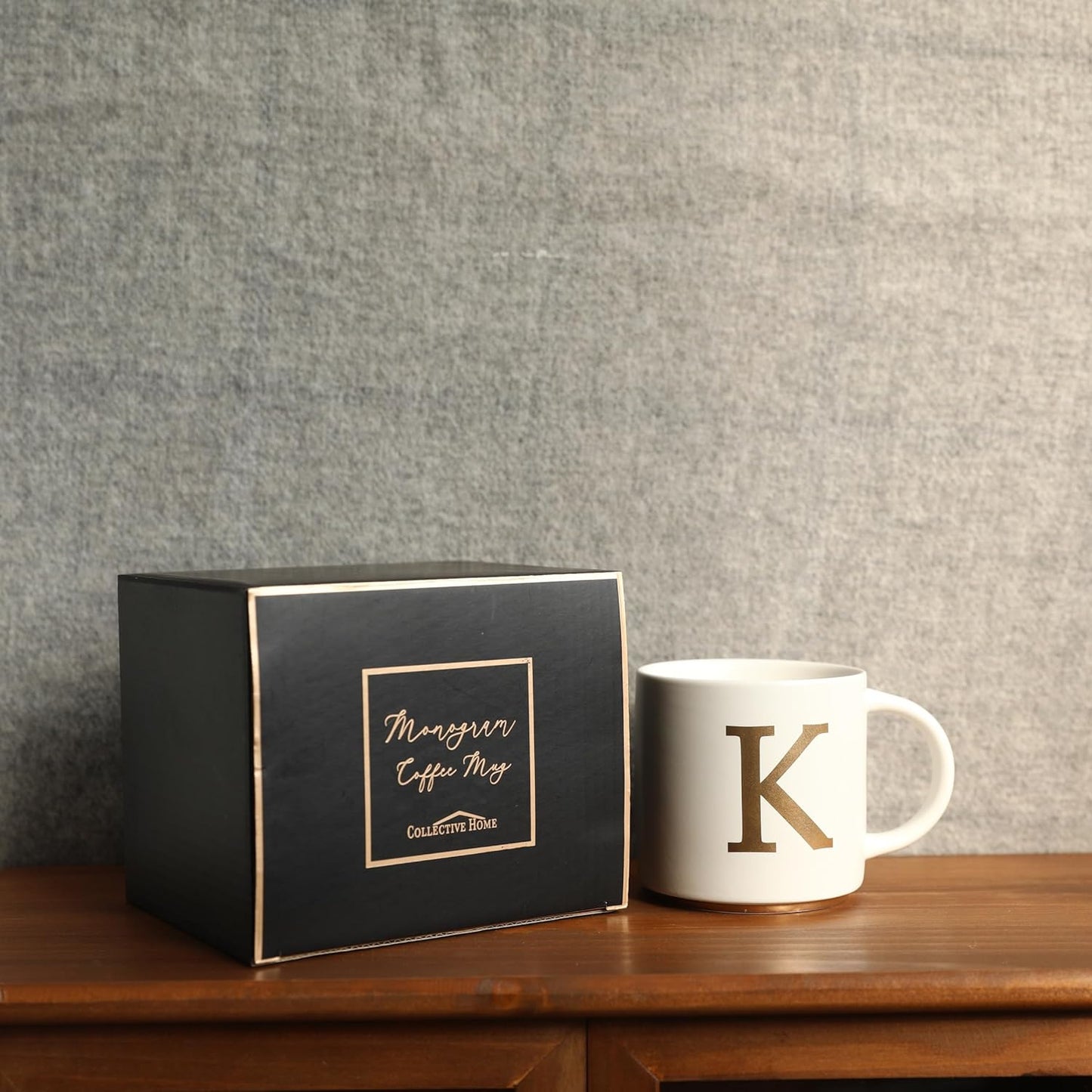 COLLECTIVE HOME - Monogram Ceramic Mugs, 15 oz Golden Initial Coffee Cups, Elegant Alphabet Tea Mugs, Elegant Personalized Mug with Gift Box, Unique Mug with Double Side Capital Letter (K)