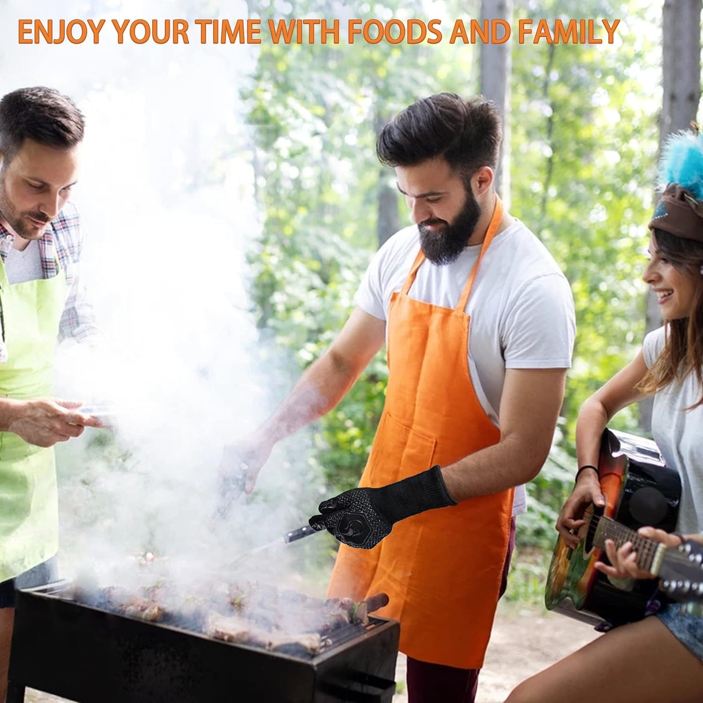 BBQ Fireproof Gloves, Grill Cut-Resistant Gloves 1472°F Heat Resistant Gloves, Non-Slip Silicone Oven Gloves, Kitchen Safe Cooking Gloves for Oven Mitts,Barbecue,Cooking, Frying, Black(2 Pairs)