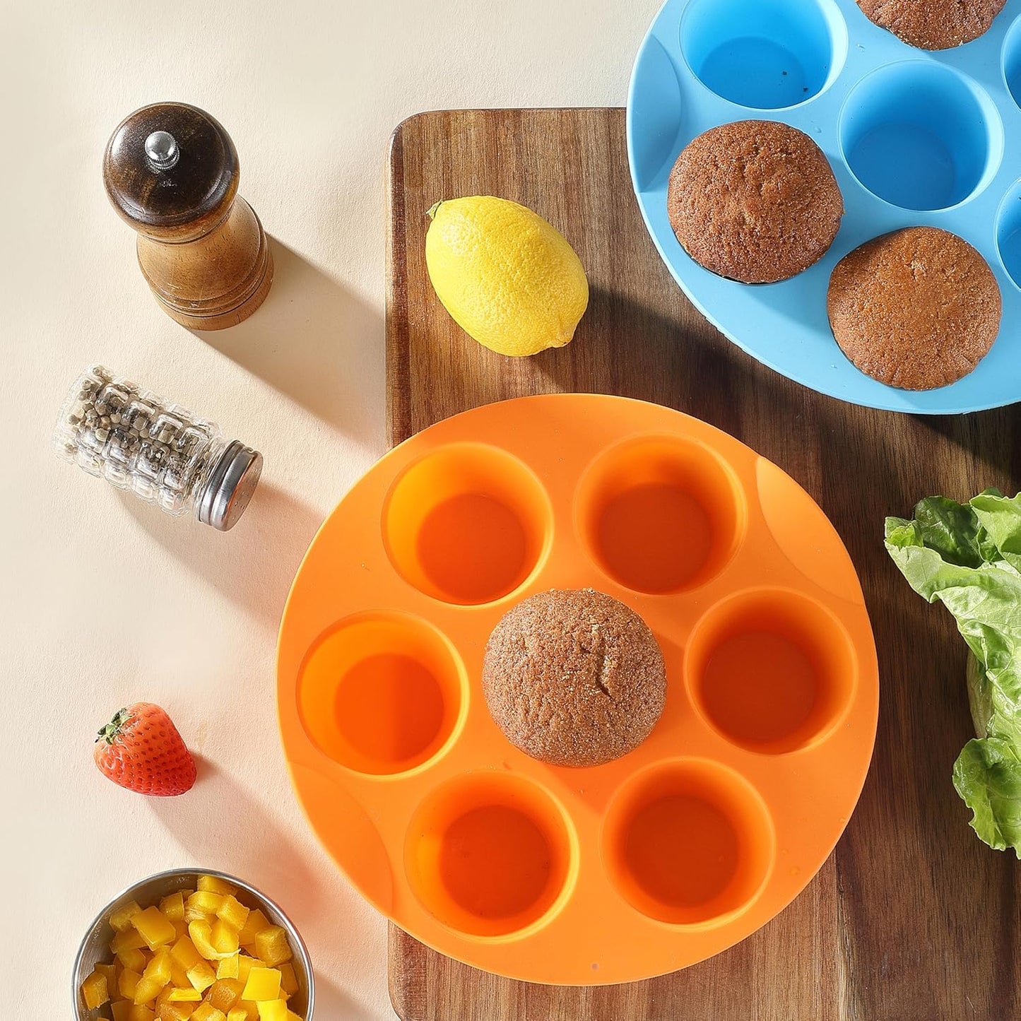 2 Pack Silicone Egg Bite Molds, Food Grade 7-Cups Air Fryer Muffin Pan for Baking Mini Muffins, Egg Bite, Tart, Mini Cupcake and Quiche, Nonstick and BPA - Free (Orange+Blue)