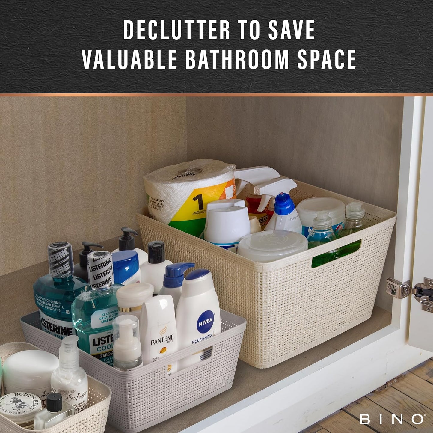 BINO - Woven Plastic Basket, Medium (Natural), 4-Pack, The Jute Collection, Home Organization, Space-Saving Storage, Stylish Design, Jute Basket