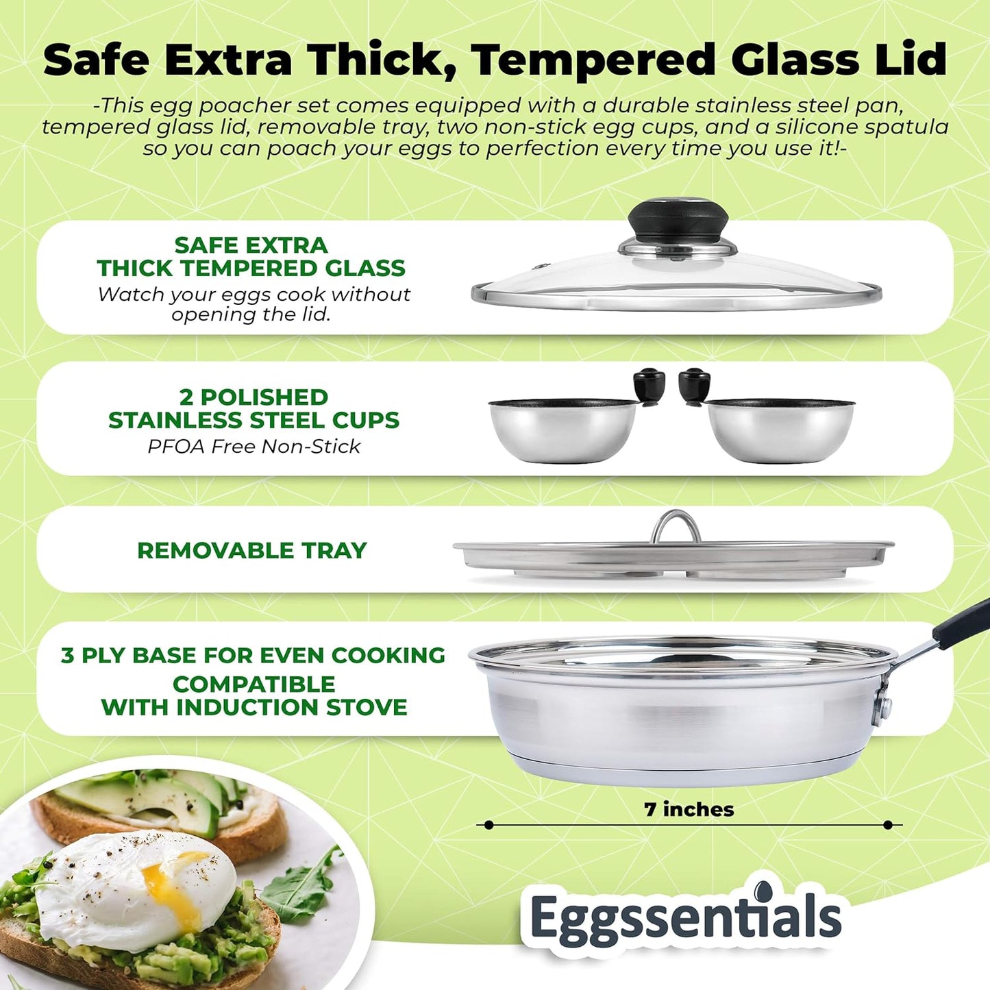 Eggssentials Egg Poacher Pan Nonstick Coating - Poached Egg Cooker, Stainless Steel Egg Poaching Pan PFOA Free with Spatula, Poached Egg Maker, Egg Poachers Cookware