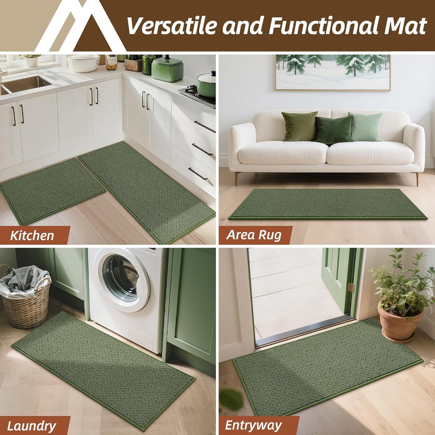 COSY HOMEER Kitchen Rugs and Mats 2PCS Non Slip Kitchen Mats for Floor Washable Stain Resistant Kitchen Runner Rug Sets Absorbent Kitchen Floor Mat 20"x32"+20"x48",Green