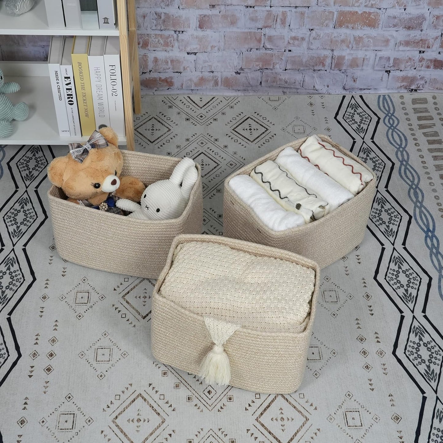 Rope storage Basket Bins Woven Basket for Organizing Shelves Rectangle Decorative Baskets For storage Clothes Toys Books Towels Square Wicker Nursery basket organizer 3 pack Oatmeal