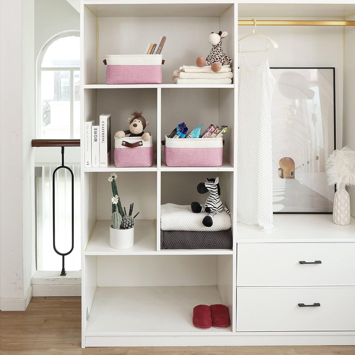 OrganiHaus Small Fabric Storage Baskets for Shelves 3 Pack, 12x8in Closet Storage Bins for Shelves, Cloth Baskets for Organizing, Linen Closet Organizers, Fabric Basket, Pink/White