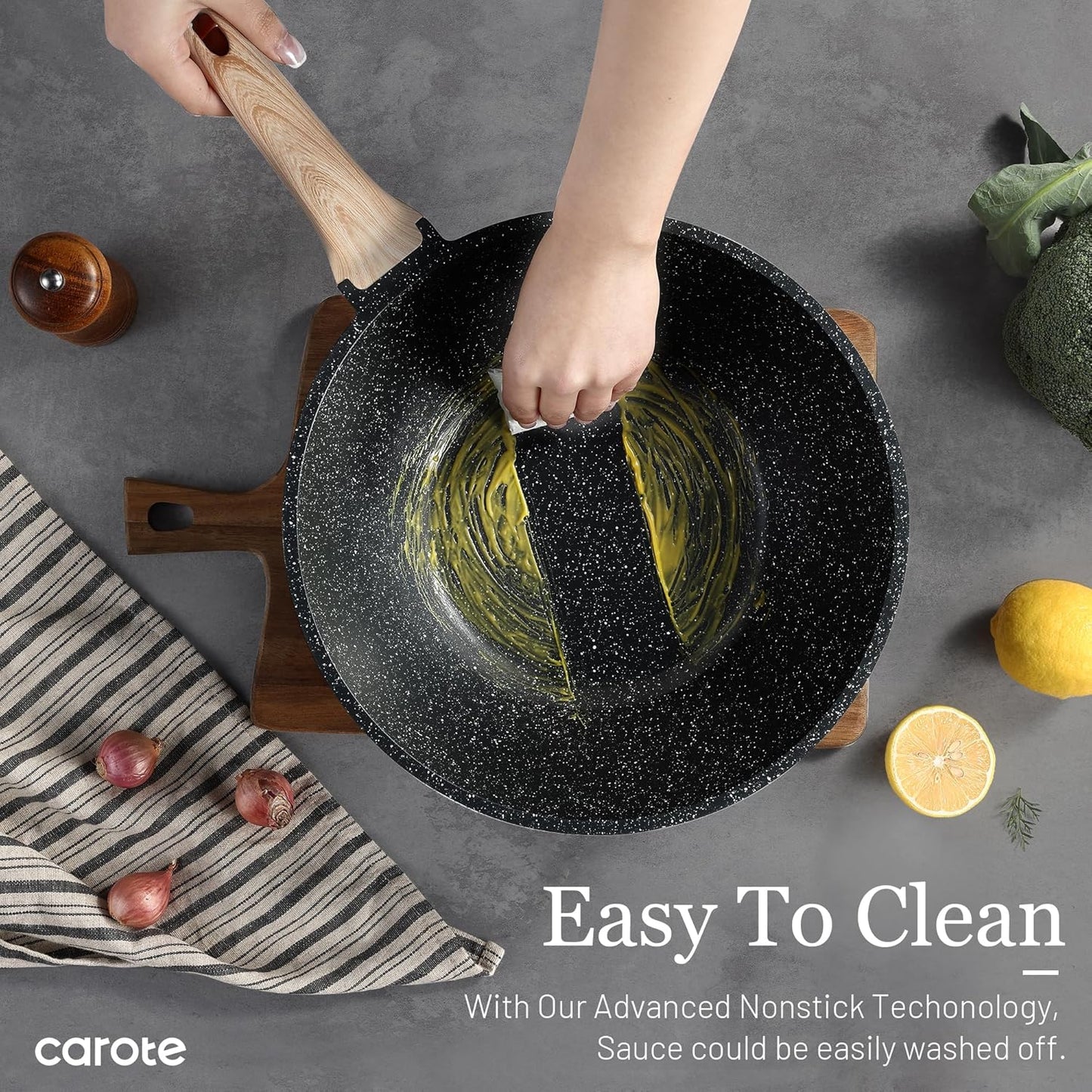 CAROTE Non Stick Wok with Lid 12''/5.3QT Woks & Stir-fry Pans Nonstick Granite Wok Pan Induction Cookware Deep Frying Pan, Compatible with All Stovetops