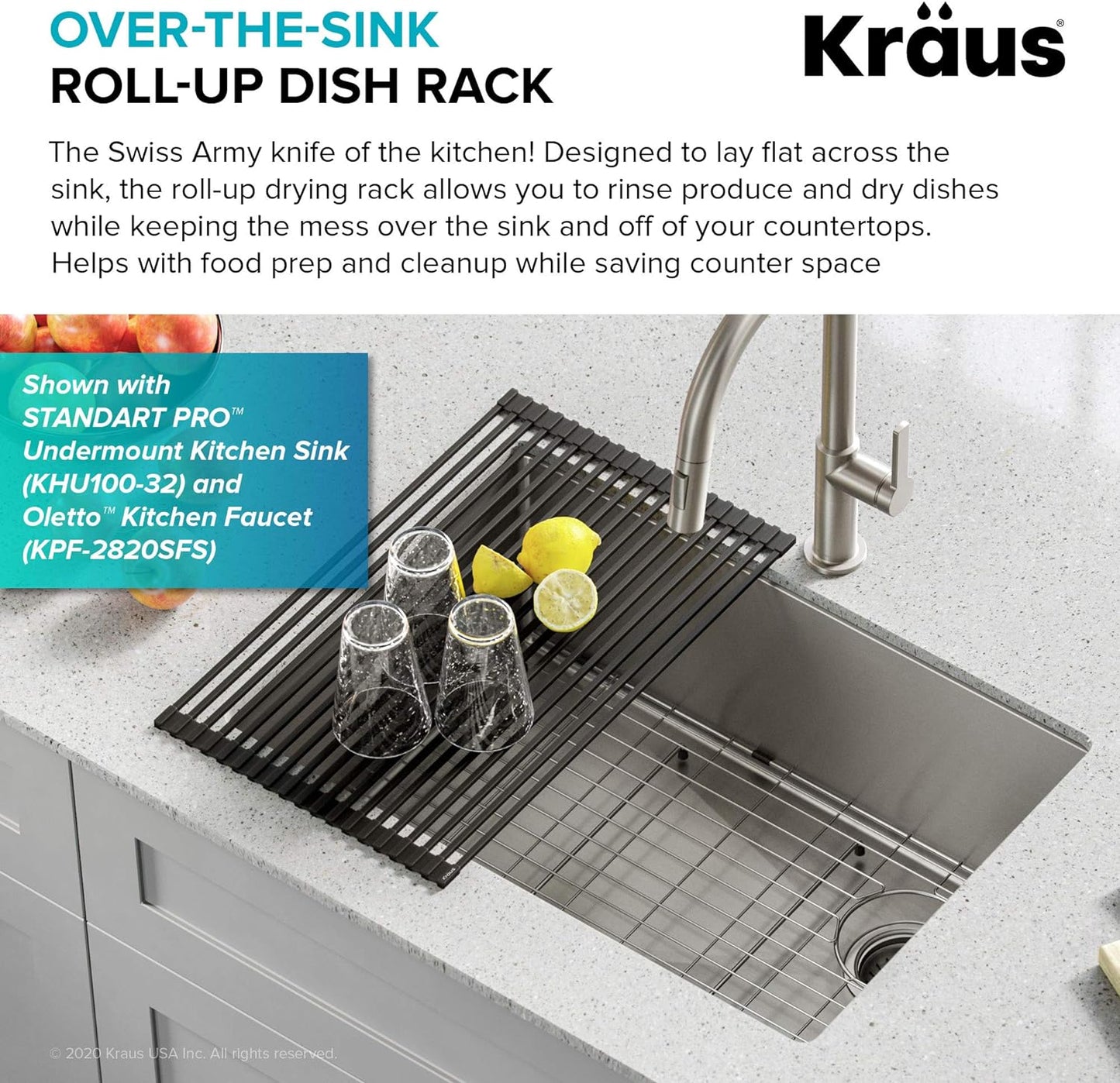 Kraus Multipurpose Over-Sink Roll-Up Dish Drying Rack, Colander and Trivet in Dark Grey, KRM-10DG