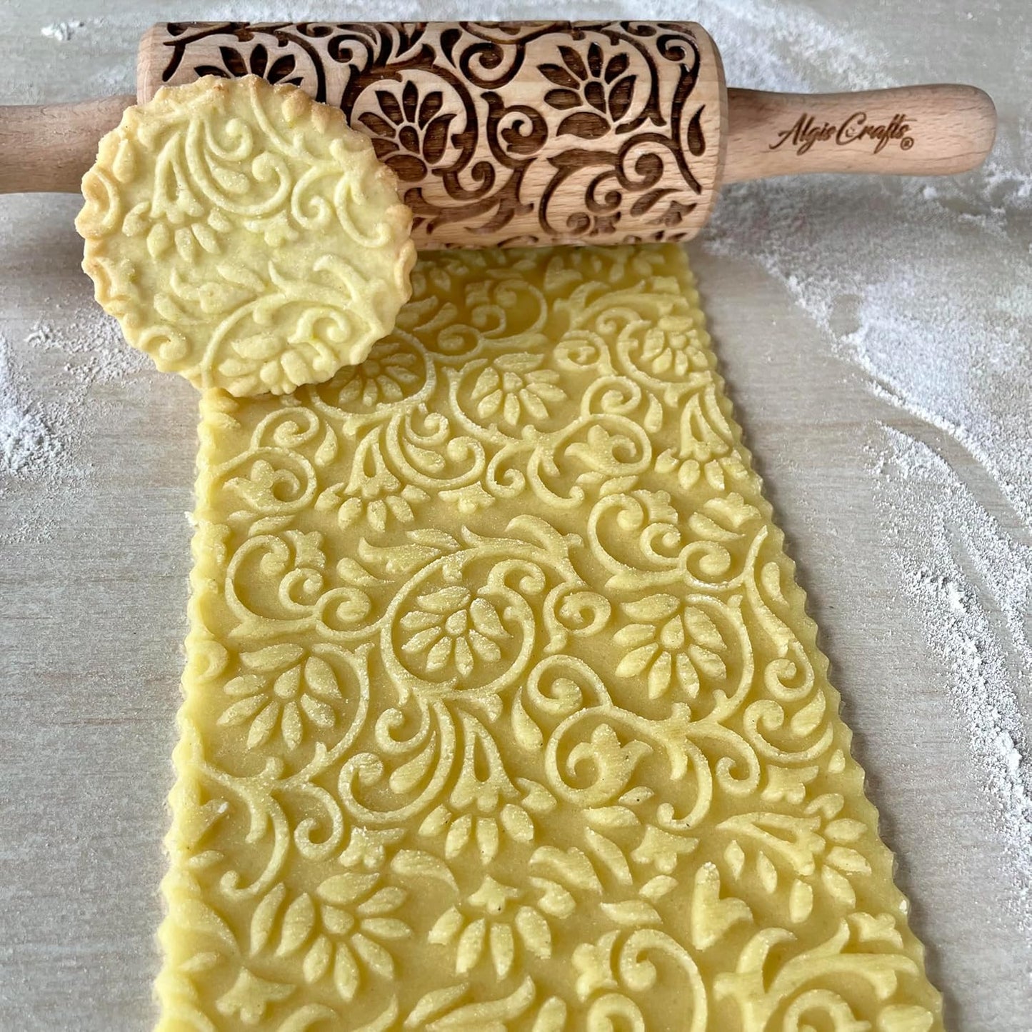 FLORET 3 Kid Rolling Pin Set with Lotus, Kashmir, Paisley, Flowering Vine, Lily Flowers Patterns. Wooden Laser Cut Mini Rolling Pins for Cookies, Play Dough, Salt Dough or Clay by Algis Crafts