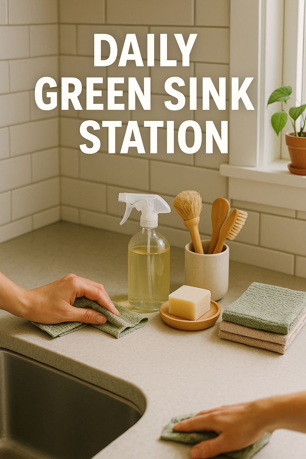 “Daily Green Sink Station: A 10-Minute Zero-Waste Cleaning Routine with Glass Spray Bottles, Solid Dish Soap & Reusable Towels”