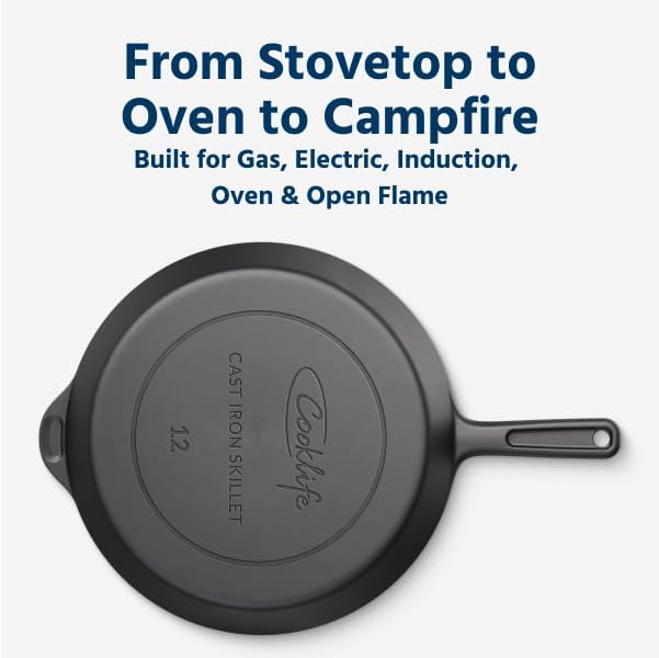 COOKLIFE 12 Inch Lightweight Pre-Seasoned Cast Iron Skillets - Smooth Polished Surface, Easy to Clean Cast Iron Pan Use in the Oven, on the Stove or Grill, Over a Campfire