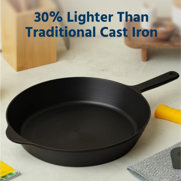 COOKLIFE 12 Inch Lightweight Pre-Seasoned Cast Iron Skillets with Handle Cover - Smooth Polished Surface, Easy to Clean Cast Iron Pan Use in the Oven, on the Stove or Grill, Over a Campfire