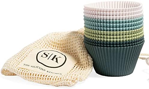 The Silicone Kitchen Reusable JUMBO Silicone Baking Cup, Non-Toxic, BPA Free, Dishwasher Safe, Jumbo, 12 Pack, White Blue Green