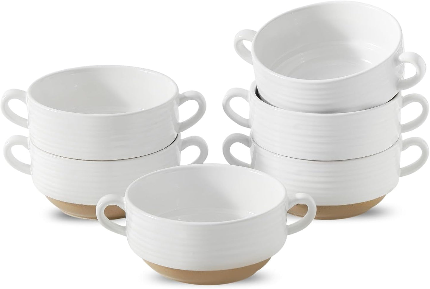 Hasense Ceramic Soup Bowls with Handles, 20 oz Oven Safe French Onion Soup Bowls Set of 6, White Serving Dishes for Entertaning, Ideal for Soup, Salad, Stew, Microwave & Dishwasher Safe