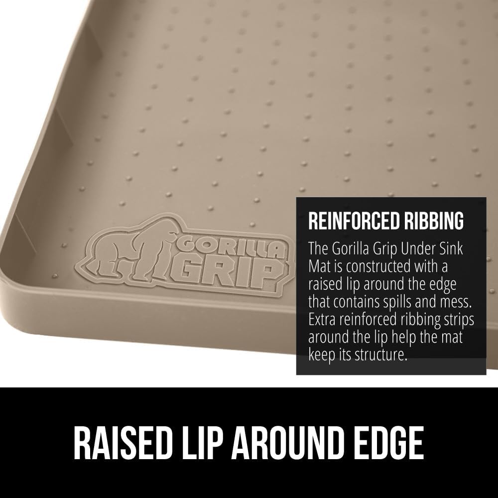 GORILLA GRIP Waterproof Silicone Under Sink Mat with Raised Lip for Kitchen and Bathroom, Cabinet Shelf Liner Stay in Place Mats Dishwasher Safe Drawer Liner, Organizer Tray, 15 x 22 in, Beige