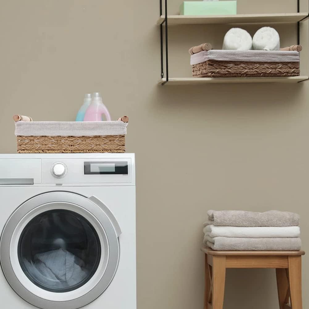 Round Paper Rope Storage Basket, Wicker Baskets for Organizing with Handle, Decorative Bins for Countertop, Toilet Paper Basket for Toilet Tank Top, Small Baskets Set (Set of 2,Beige)