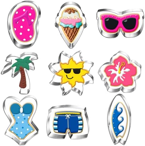Beach Cookie Cutter Set-9 Piece-Flip Flop, Sunglasses, Sun, Ice Cream, Palm Tree, Bathing Suit, Tropical Flower, Surfboard-Diswasher Safe-Summer Cookie Cutters Shapes for baking
