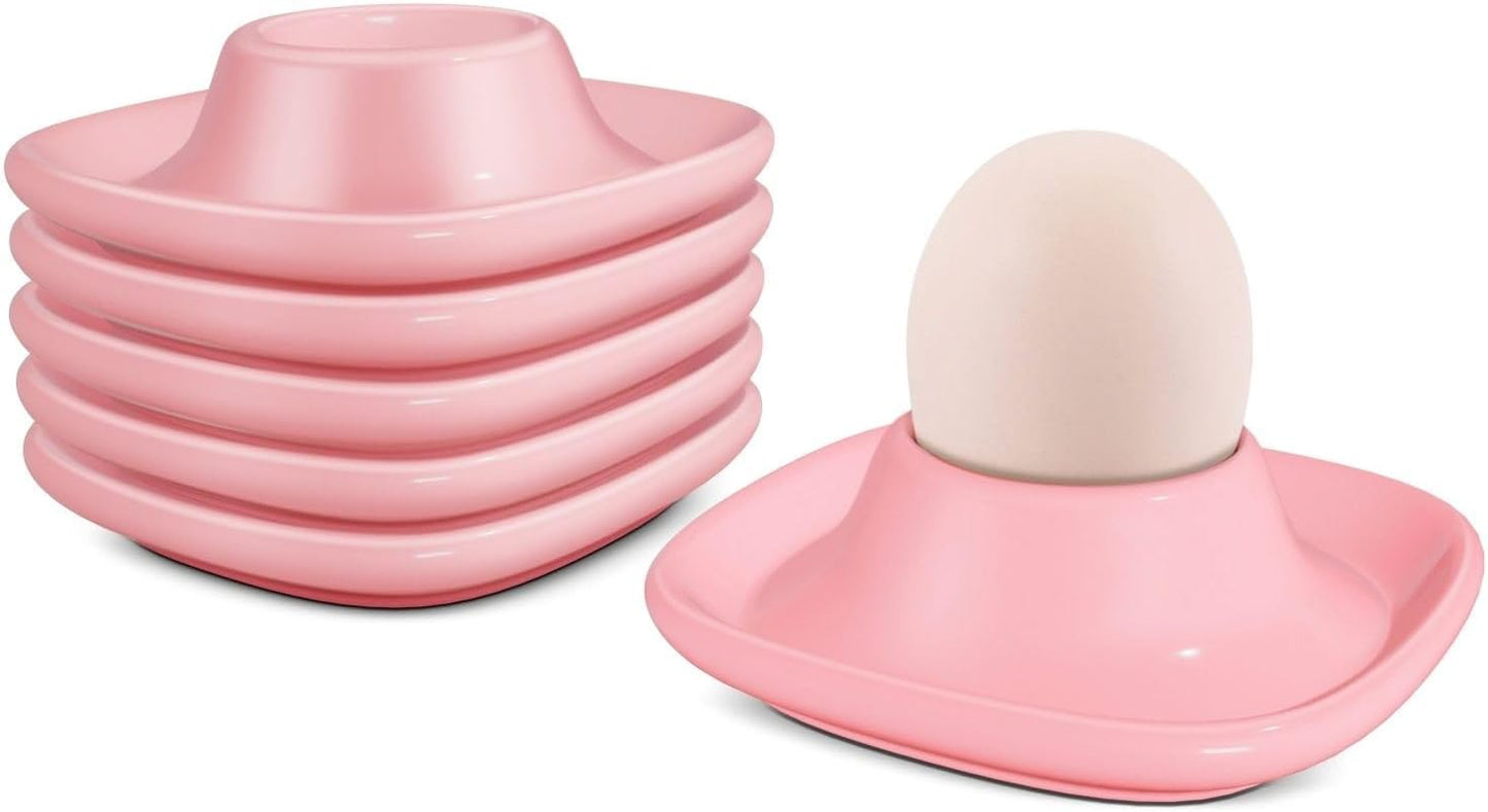 Flexzion Egg Cups for Soft Boiled Eggs - Set of 6 Ceramic Egg Holder - Stackable Egg Coddler Cups with Base for Serving, Breakfast, Brunch - Kitchen Table Decor, Pink