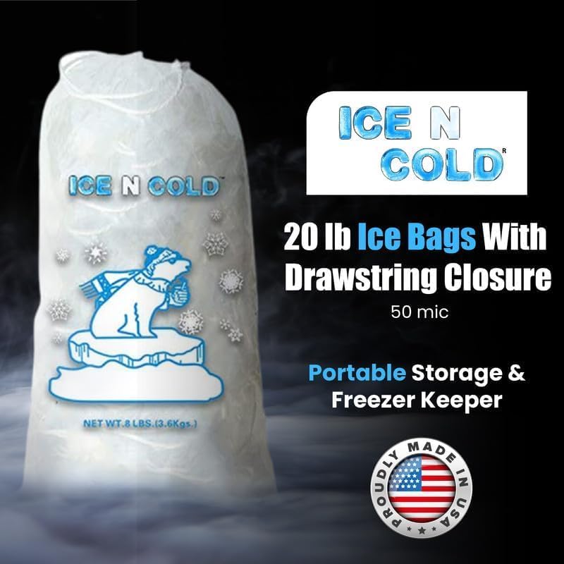 Ice Bags with Drawstring Closure | 20lb, 400ct/cs | 50 mic Thickness | Portable Storage and Freezer Keeper