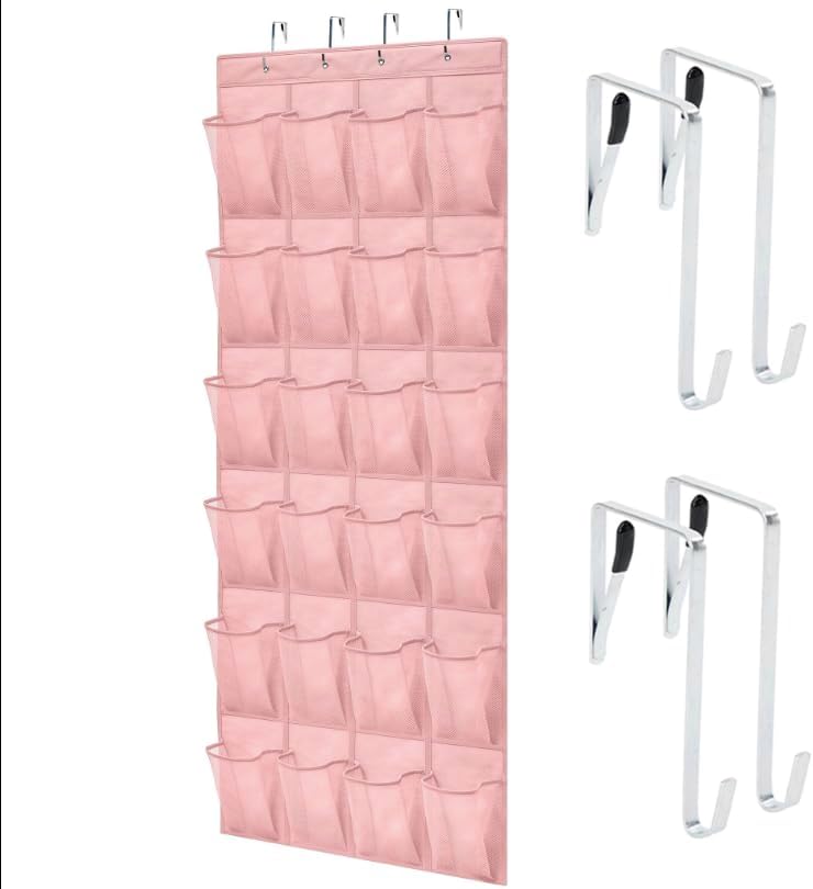GORILLA GRIP Over the Door Shoe Organizer, 24 Large Breathable Mesh Pockets, Space Saving Hanging Storage Holder, Closet Rack Hanger Holds Up to 40 lbs, Hangs on Closets for Shoes, Accessories, Pink