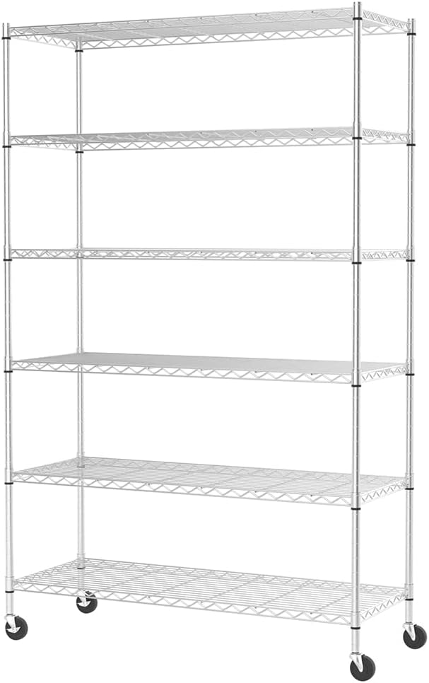 FDW 48"L×18"W×82"H Wire Shelving Unit Storage Cart Metal Shelf Rolling Utility Cart 2100Lbs Capacity with 6 Tier Casters Adjustable Layer Rack Strong Steel for Restaurant Garage Pantry Kitchen,Chrome