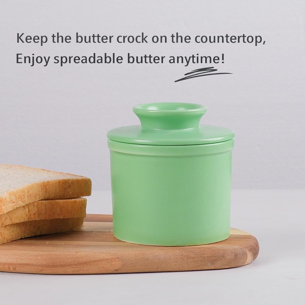 Ceramic Butter Crock with Lid, Countertop French Butter Keeper with Water Line for Spreadable Soft Butter, Matte Mint Green