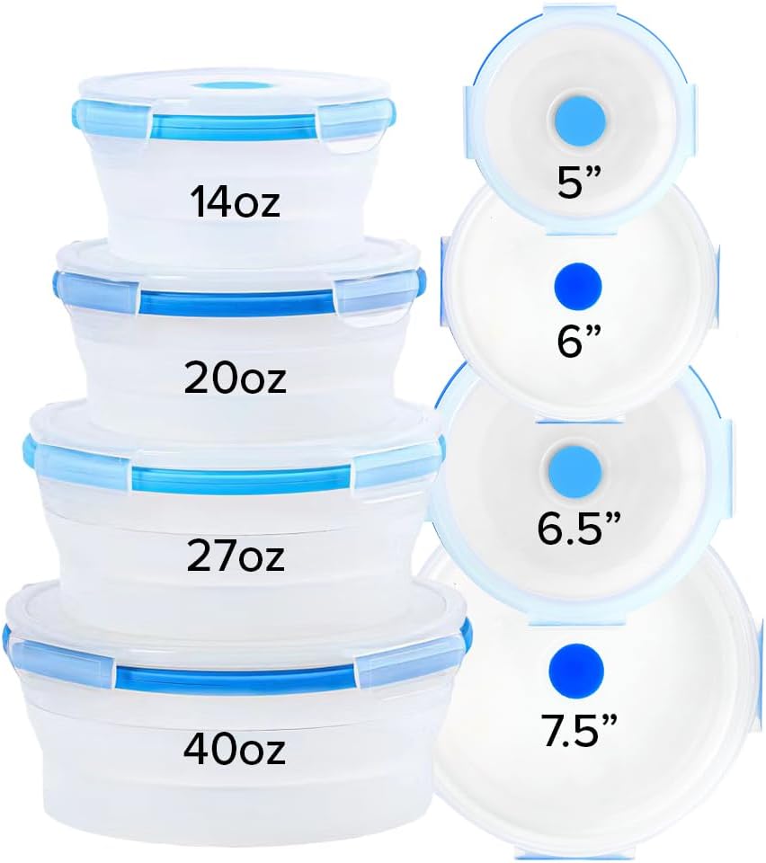 Collapsible Silicone Food Storage Containers, BPA Free, Microwave, Freezer and Dishwasher Safe, Lunch, Meal Prep, Travel, Space-Saving