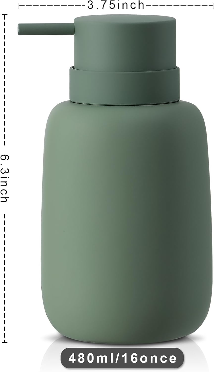 Ceramic Hand Soap Dispenser for Bathroom,16OZ Matte Dish Soap Dispenser for Kitchen Sink,Refillable Liquid Lotion Dispenser with Easy-to-Press Pump Rubber Paint (Green)