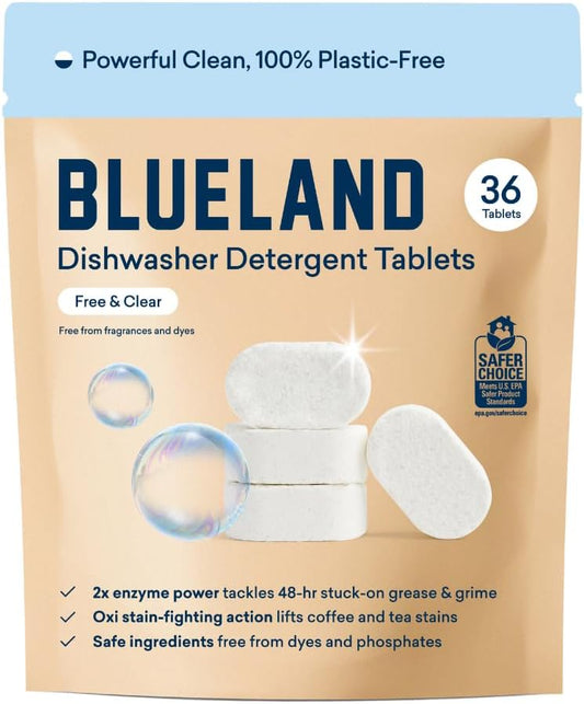 BLUELAND 100% Plastic-Free Dishwasher Detergent Tablets, 36 Count, Free & Clear, Eco-Friendly Dishwashing Pods, Natural, Sustainable