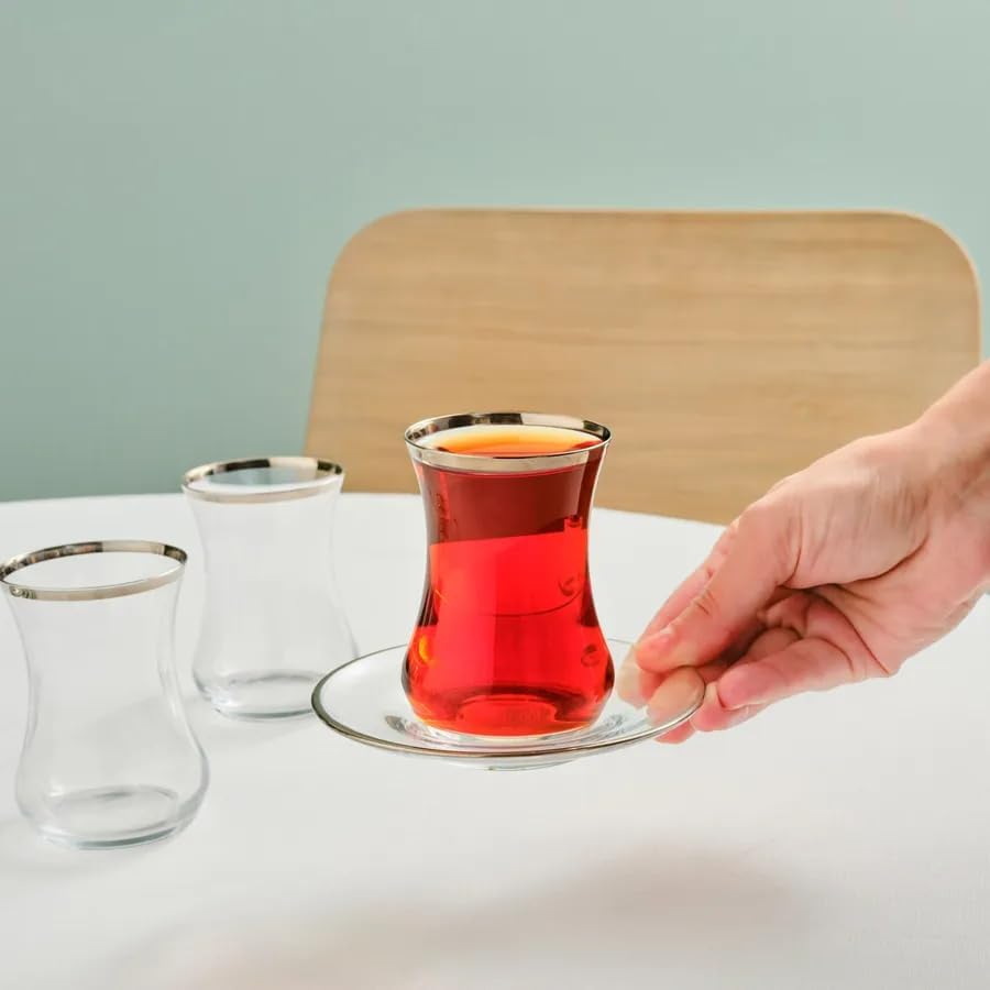 KARACA Sydney Elegant Tea Glass Set of 6 - (12 Piece) Clear Turkish Tea Cup Glasses and Saucers, 5.4 fl oz Curved Design Drinkware Cups, Dishwasher Safe, Platinum