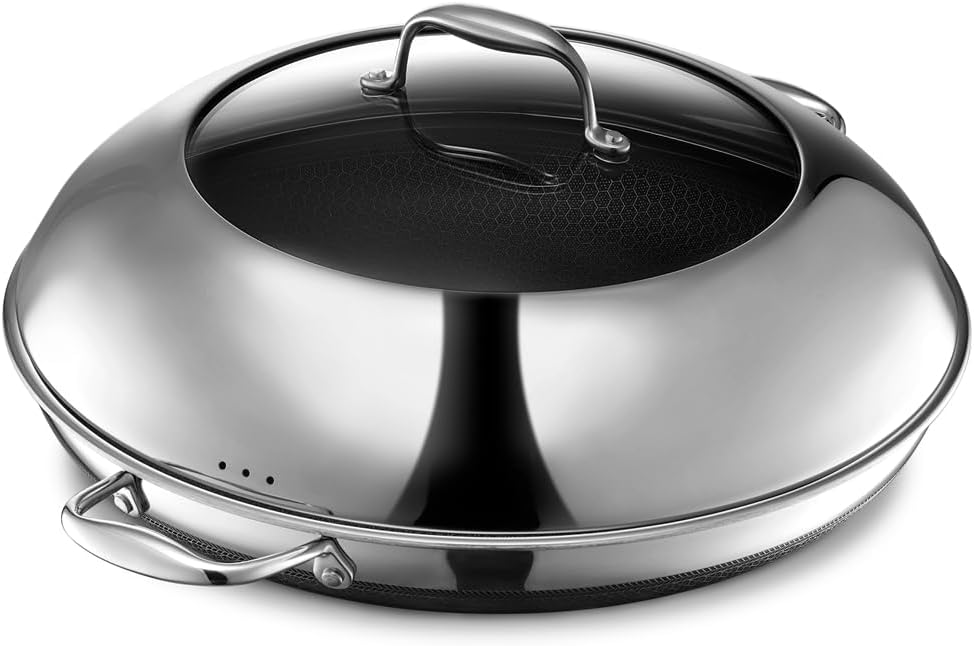 HexClad Hybrid Nonstick 14-Inch Frying Pan with Stainless Steel Lid, Stay-Cool Handles, Dishwasher-Friendly, Oven-Safe Up to 900°F, Induction Ready, Compatible with All Cooktops