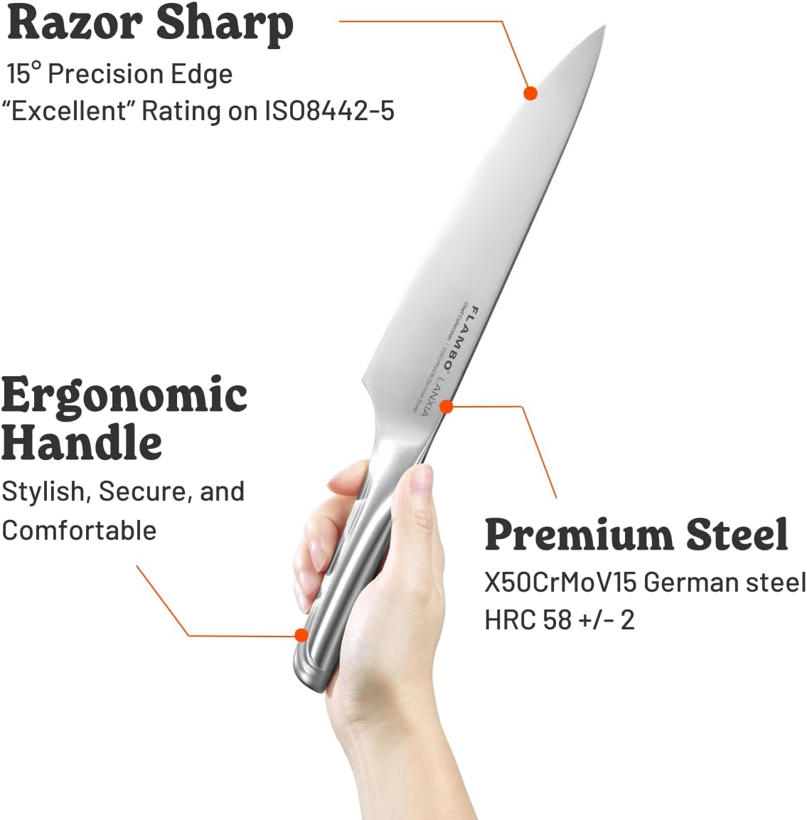 Flambo 8 Inch Chef Knife - Premium German Steel Kitchen Knives with Precision 15° Edge, Easy to Hold Ergonomic All-Metal Handle, Lightweight, Balanced, Easy to Clean Kitchen Knife